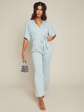 Wrap Style V Neck Straight Leg Jumpsuit with Short Sleeves FD